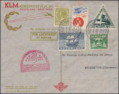 KLM-Luftpost NL-Suriname-Curacao Snip 15.12.34 ab s'GRAVENHAGE 12.12. mt LP 10