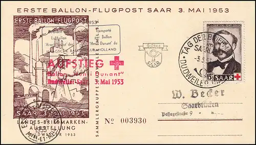 Erste Ballon-Flugpost Saar 3. Mai 1953 Rotes Kreuz Ballon Henri Dunant Karte SSt