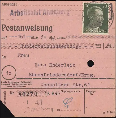 Sächsische Schwärzung AP 794I Hitler 30 Pf auf Postanweisung ANNABERG 19.6.45