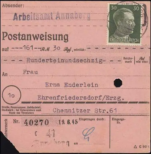 Sächsische Schwärzung AP 794I Hitler 30 Pf auf Postanweisung ANNABERG 19.6.45