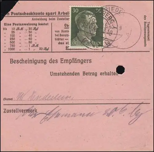 Sächsische Schwärzung AP 794I Hitler 30 Pf auf Postanweisung ANNABERG 19.6.45
