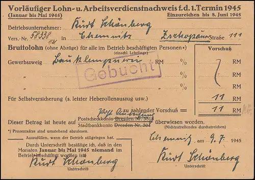 Sächsische Schwärzung AP 786I Hitler auf Postkarte CHEMNITZ 10.7.45 nach Dresden
