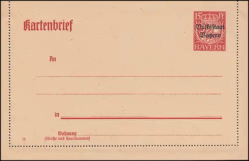 Bayern Kartenbrief K 8 Volksstaat 15 Pf gelblich, wie verausgabt **