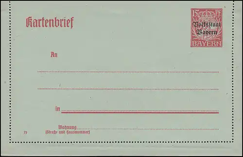 Bayern Kartenbrief K 9 Volksstaat 15 Pf bläulich, wie verausgabt **