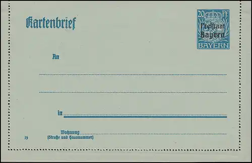 Bayern Kartenbrief K 11/01 Freistaat 20 Pf mit DV 19, wie verausgabt **