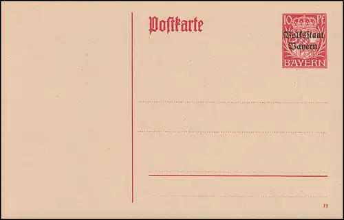 Bayern Postkarte P 104 Wappen Volksstaat 10 Pf rot, wie verausgabt ** 