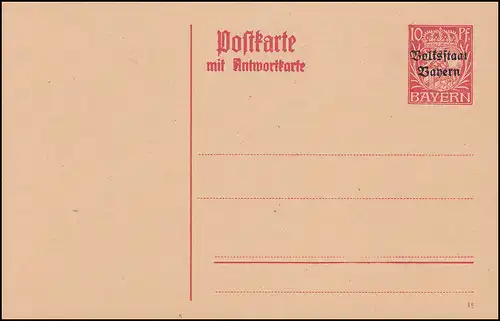 Carte postale de Bavière P 106 Armoiries Volksstaat 10 + 10 Pf rouge, dépensée **