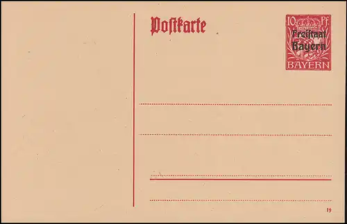Carte postale Bayern P 109/01 Freistaat 10 Pf karmin DV 19, tel qu'il est dépensé **