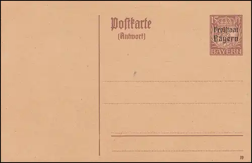 Bayern Postkarte P 115/01 Freistaat 15/15 Pf lilabraun DV 19, wie verausgabt ** 