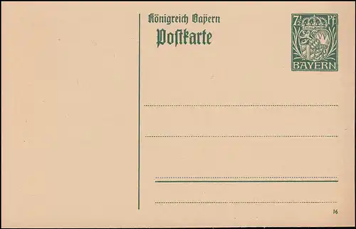 Bayern Postkarte P 98I/01 Armoiries 7 1/2 Pf vert DV 16 coupé, **