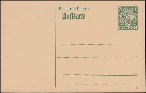 Bayern Carte postale P 98I/02 Armoiries 7 1/2 Pf vert DV 17 coupé, **
