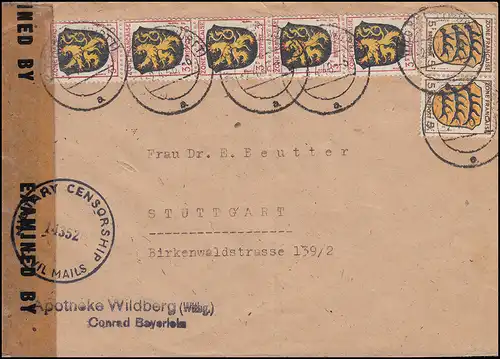 Blattes 3+5 Pf Lettre de censure CENSORSHIP 14352, WÜRTTEMBERG 2.4.46 n. Stuttgart
