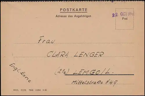 Kriegsgefangenenpost Internierten-Postkarte Sandbostel 22.10.1946 nach Lemgo