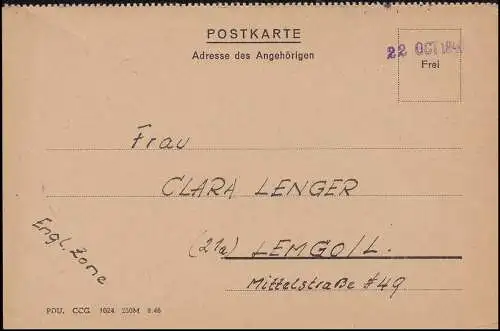 Kriegsgefangenenpost Internierten-Postkarte Sandbostel 22.10.1946 nach Lemgo