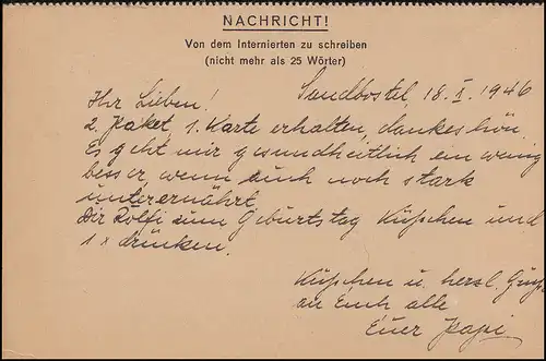 Kriegsgefangenenpost Internierten-Postkarte Sandbostel 22.10.1946 nach Lemgo