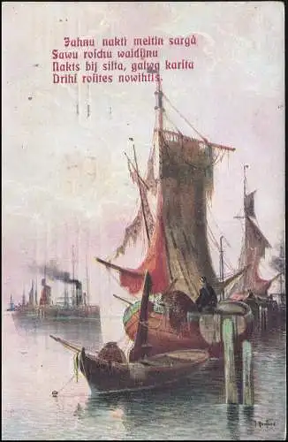 Russie 47 marque libre 3 kop. rouge sur AK Dans le port avec poème, RIGA 27.2.1909