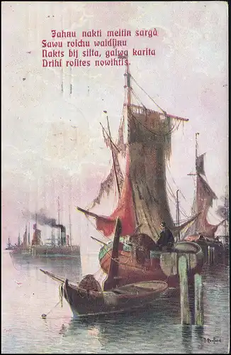 Russland 47 Freimarke 3 Kop. rot auf AK Im Hafen mit Gedicht, RIGA 27.2.1909