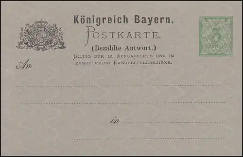 Bayern Postkarte P 31/01x Ziffer 3/3 Pf hellgrün, Wz.5Z, ohne DV, **