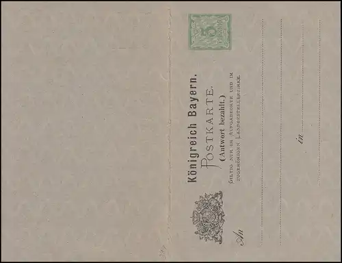 Bayern Postkarte P 31/01x Ziffer 3/3 Pf hellgrün, Wz.5Z, ohne DV, **