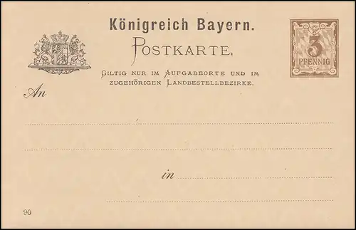 Carte postale de Bavière P 37/01w chiffre 3 Pf brun, Wz.5W, DV 90, tel qu'il est dépensé **