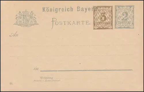 Bayern Postkarte P 72/02 Ziffer 3+2 Pf, DV 01, auf P 55II/01, wie verausgabt **