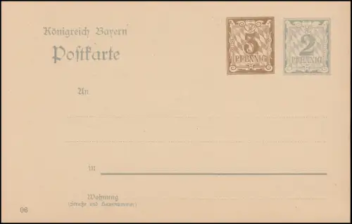 Bayern Postkarte P 74/04 Ziffer 3+2 Pf, DV 06, auf P 65/04, wie verausgabt **