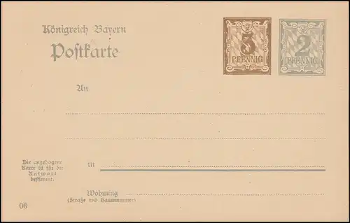 Bayern Postkarte P 78/04 Ziffer 3+2 Pf, DV 06, auf P 68/04, wie verausgabt **