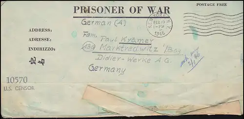 Kriegsgefangenenpost U.S. CENSOR 10570 NEW YORK 19.2.1945 nach Marktredwitz