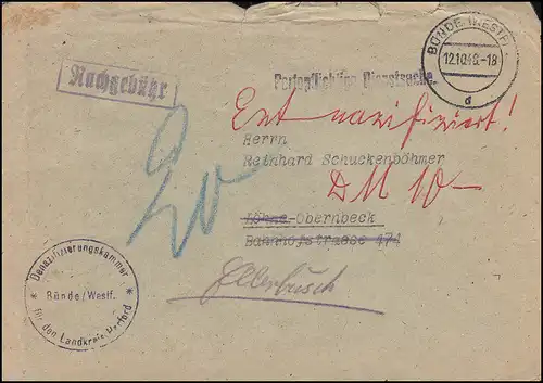 Affaire de denacification à charge du bureau de poste BÜNDE / WESTF. 12.10.1948
