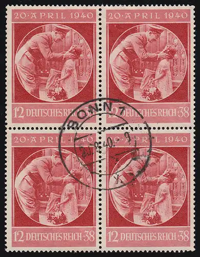 744 Geburtstagsmarke im Viererblock mit zentrischem Stempel BONN 20.8.1940