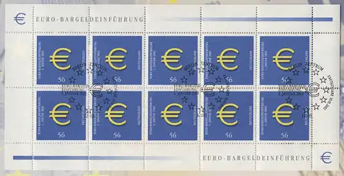 2234 Einführung des Euro - 10er-Bogen auf Kartonvorlage, ESST