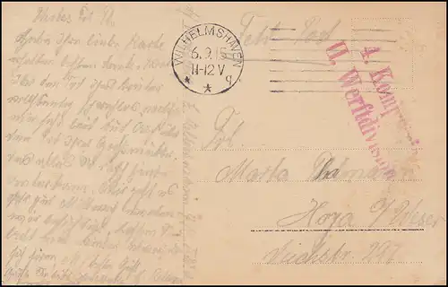 Feldpost 4. Kompanie II. Werftdivision auf AK Gruppenfoto, WILHELMSHAVEN 6.9.15