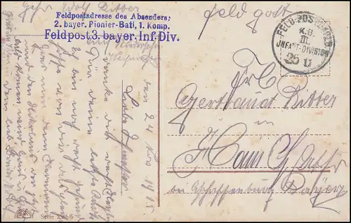 Feldpost 2. bayer. Pionier-Batl. 1. Komp. 25.11.1915 auf Propaganda-AK