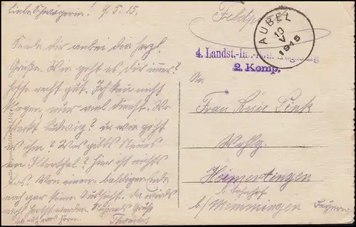 Feldpost 4. Landsturm-Inf. Augsburg, AUBEL 10.5.1915 auf AK Liege Lüttich