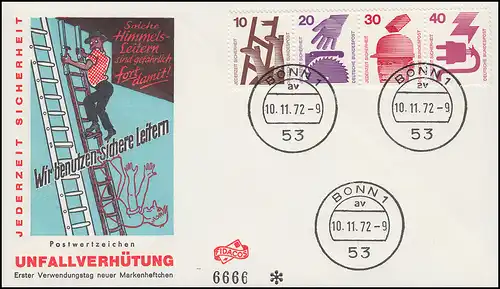 ZD-Streifen 10/20/30/40 Pf aus HBl.23 Unfall auf Schmuck-FDC BONN 10.11.72