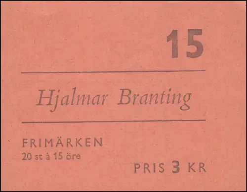 Carnet de la marque Prix Nobel de paix Hjalmar Branting 10x 465D, **