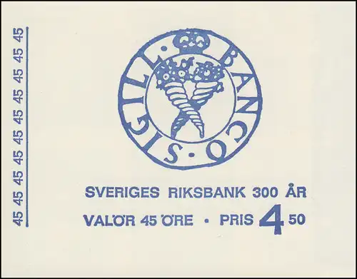 Markenheftchen 300 Jahre Schwedische Reichsbank 45 Öre 10x 603D, **