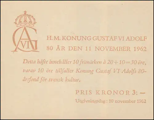 Carnet de la marque anniversaire roi Gustav VI Adolf 20 Öre 10x 498C, **