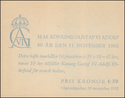Carnet de la marque anniversaire roi Gustav VI Adolf 35 Öre 10x 499C, **