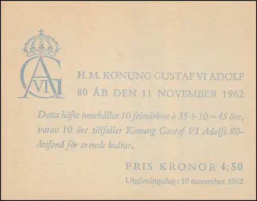 Markenheftchen Geburtstag König Gustav VI. Adolf 35 Öre 10x 499C, **