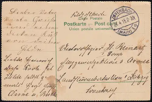 Carte postale de propagande enfant avec fusil OUFFENBACH 24.4.15 à l'adresse militaire