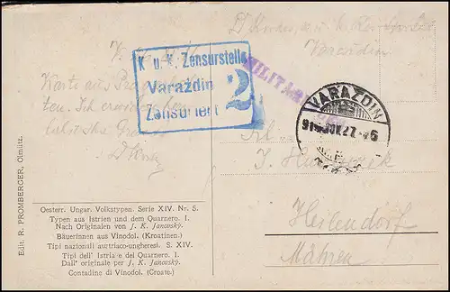 Carte postale de terrain avec censure K.u.K. Censure VARAZDIN 27.11.16 sur AK Baumernen