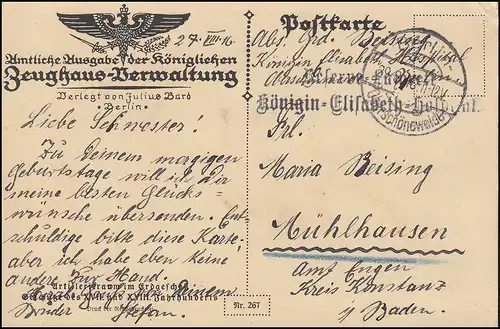 Feldpost Königin-Elisabeth-Hospital Berlin-Oberschöneweide 29.9.16 auf Miltär-AK