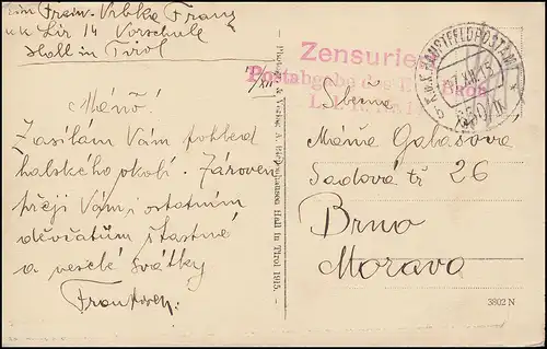 Feldpost mit Zensur Postabgabe des Ers. Baon L.I.R. 14 - 17.12.15 auf AK Gebirge