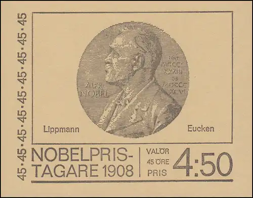 Markenheftchen Nobelpreisträger 1908 45 Öre 10x 627D, **