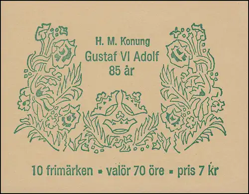 Markenheftchen Geburtstag König Gustaf VI. Adolf 70 Öre 10x 595D, **