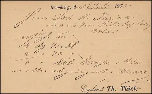 18 Brustschild 1/2 Groschen auf Postkarte BROMBERG 18.7.1873 nach Köln/Cöln