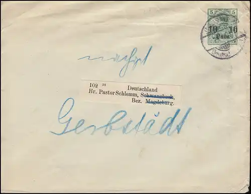 Deutsche Post Jerusalem um 1905 auf Umschlag 4 nach Schwanebeck bei Magdeburg