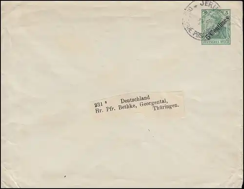 Deutsche Post Jérusalem 15.8.1911 sur l'enveloppe U 5 vers Georgental / Thuringe