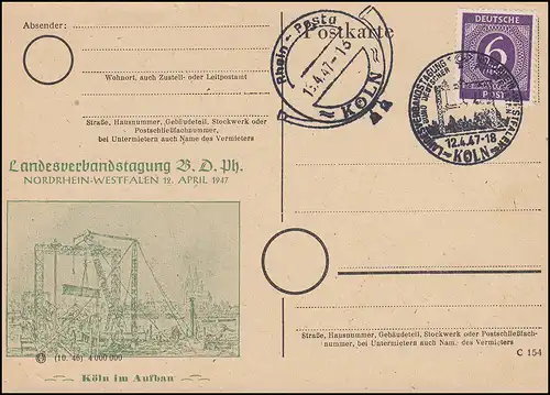 Imprimer le vert privé sur PK Rhein-Posta Cologne Zu- und SSt KÖLN 12.4.47 EF 916